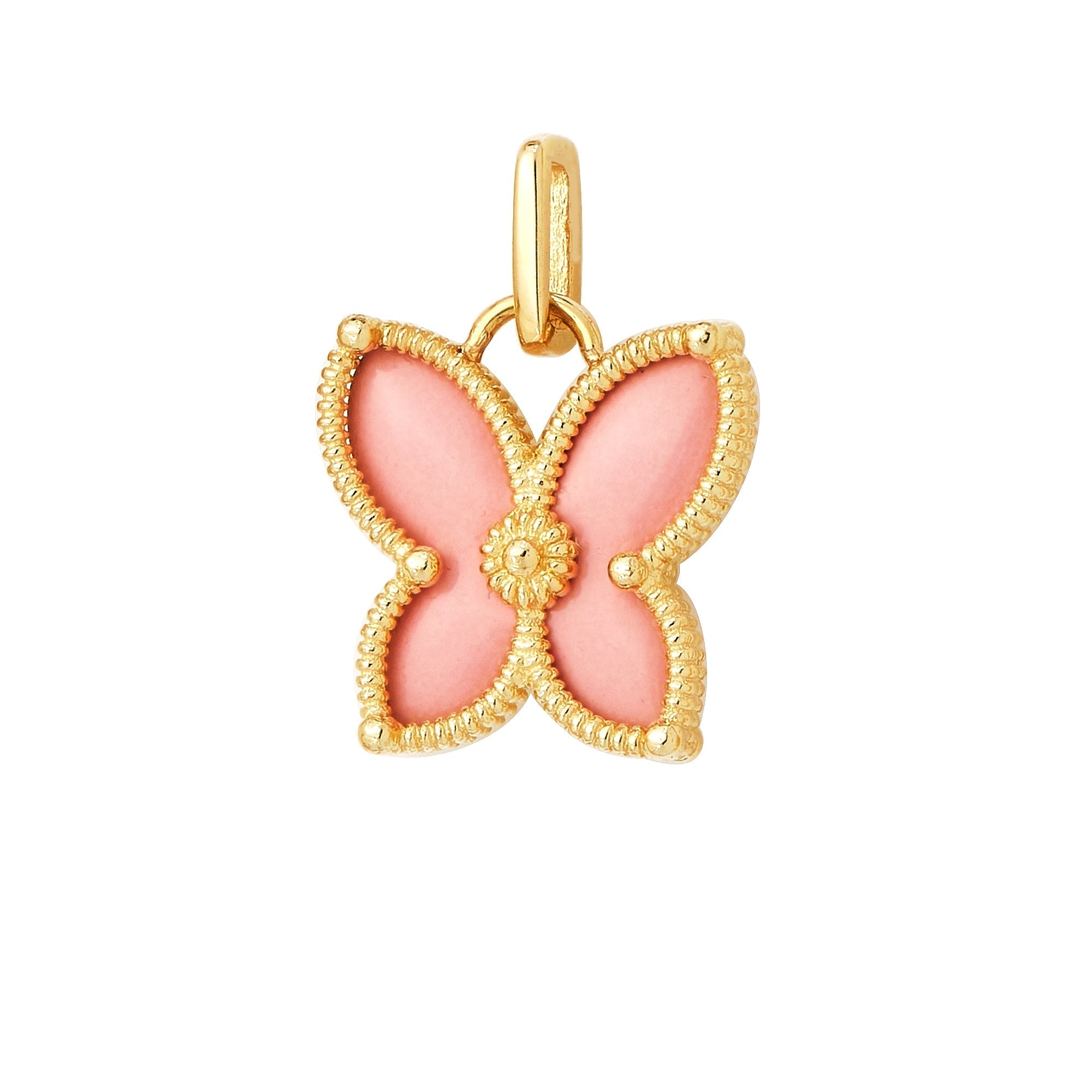 14K solid yellow gold butterfly pendant with pink enamel, delicate design, perfect for everyday wear or gifting.