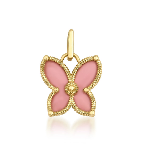 14K Solid Yellow Gold Pink Enamel Butterfly Necklace