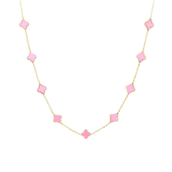 14K Solid Yellow Gold Pink Four Leaf Clover Station Necklace