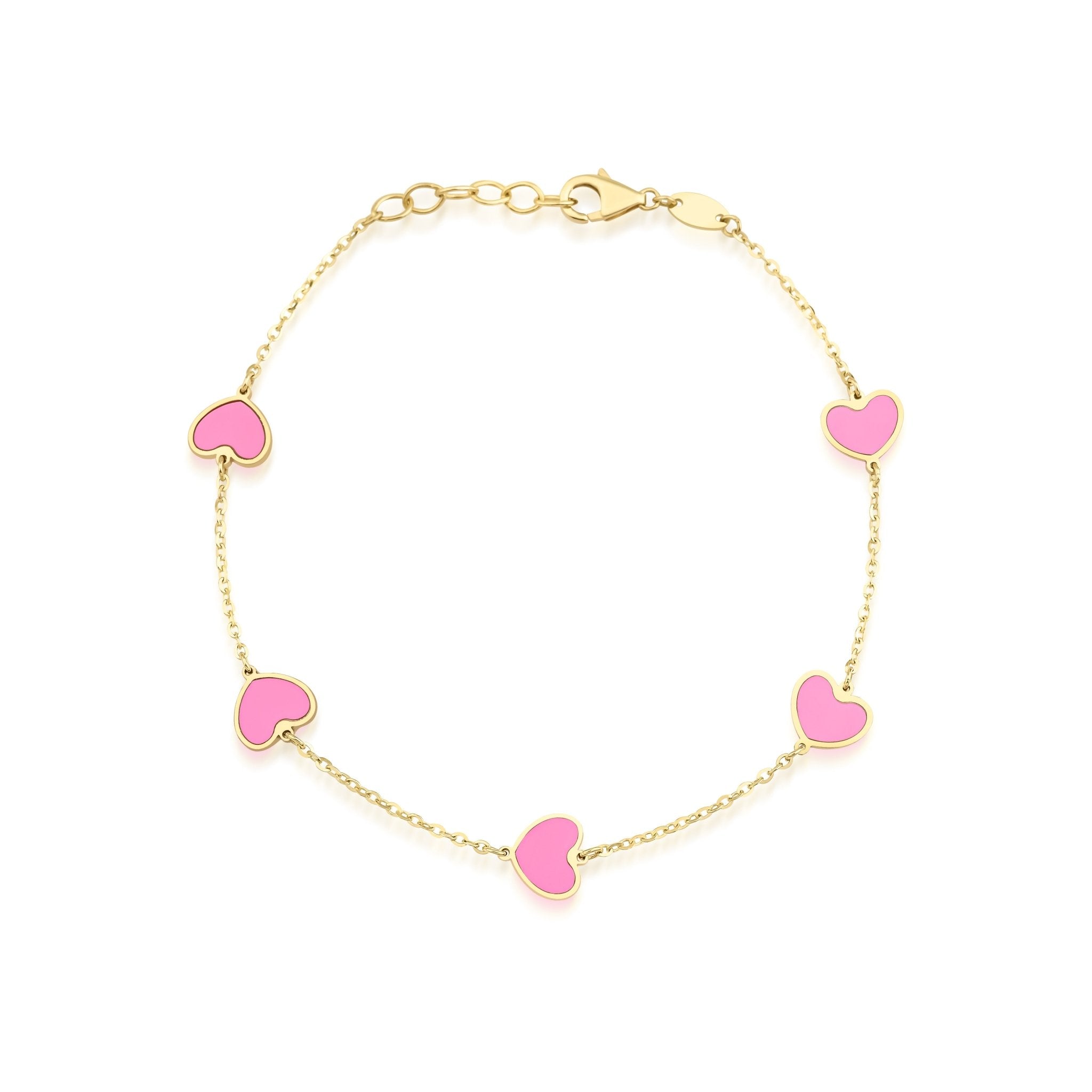 14K solid yellow gold bracelet featuring pink heart stations, length 6.5 to 7 inches, weighs 1.5 grams, arrives in a gift box.