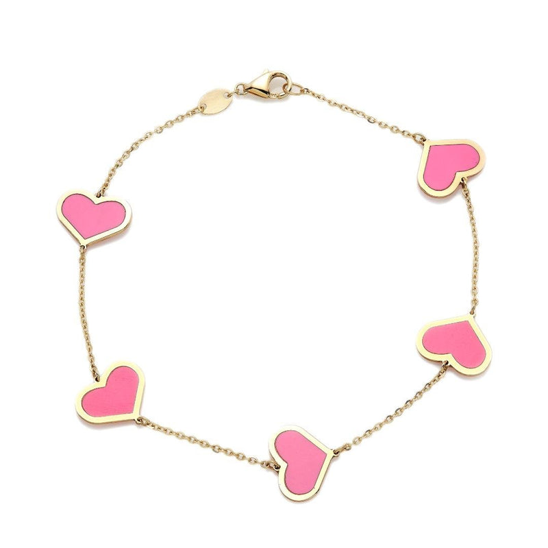 14K Solid Yellow Gold Pink Heart Bracelet