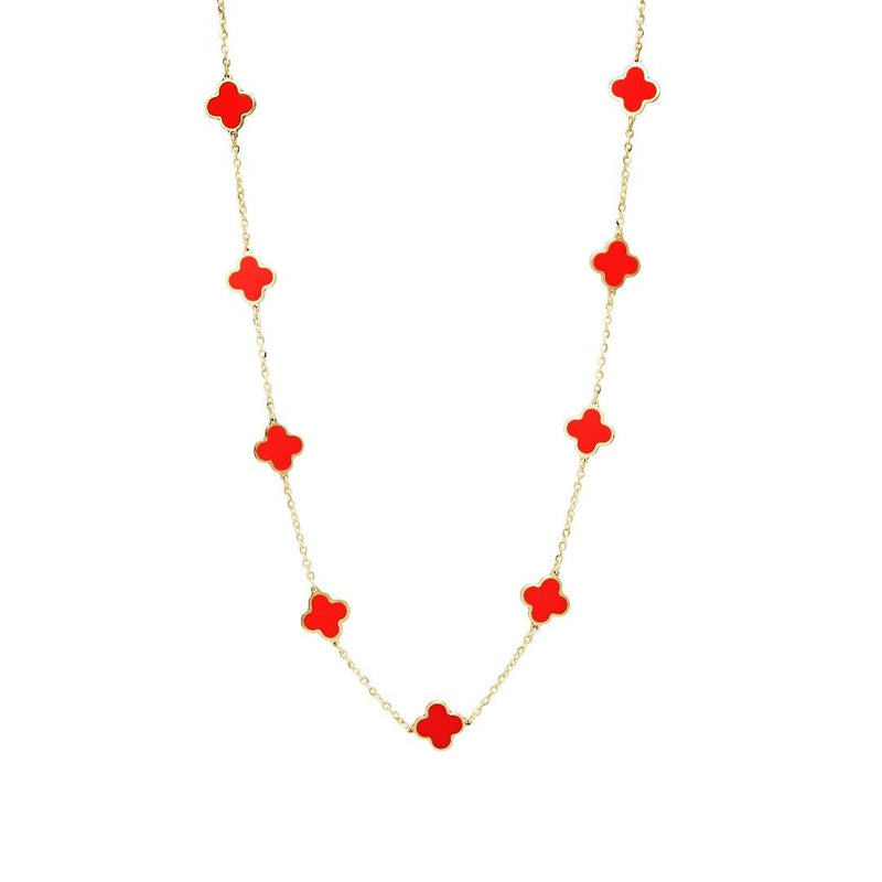 14K Solid Yellow Gold Red Coral Four Leaf Clover Station Necklace