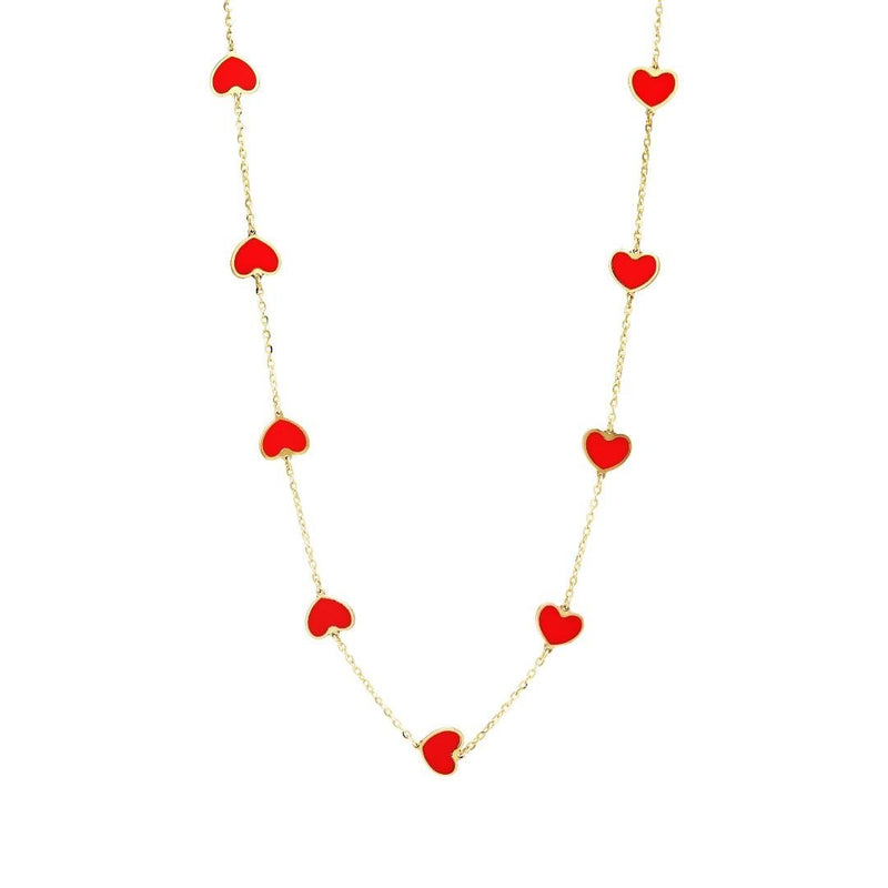 14K Solid Yellow Gold Red Coral Heart Necklace