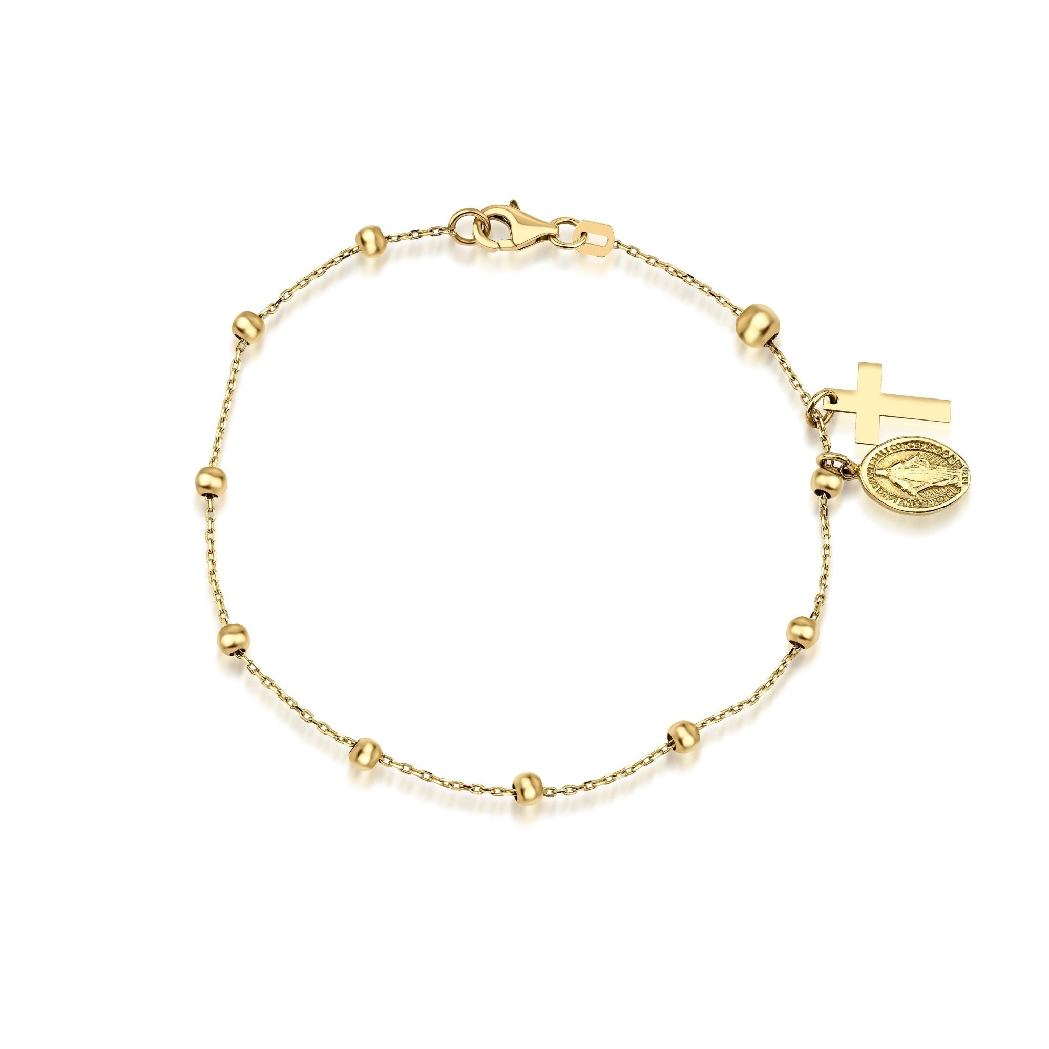 14K solid yellow gold rosary bracelet with cross and Virgin Mary charm, minimalist design, perfect for everyday wear.
