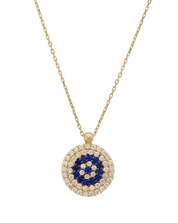 14K Solid Yellow Gold Round Evil Eye Necklace