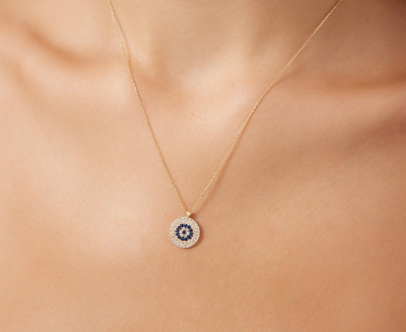 14K Solid Yellow Gold Round Evil Eye Necklace
