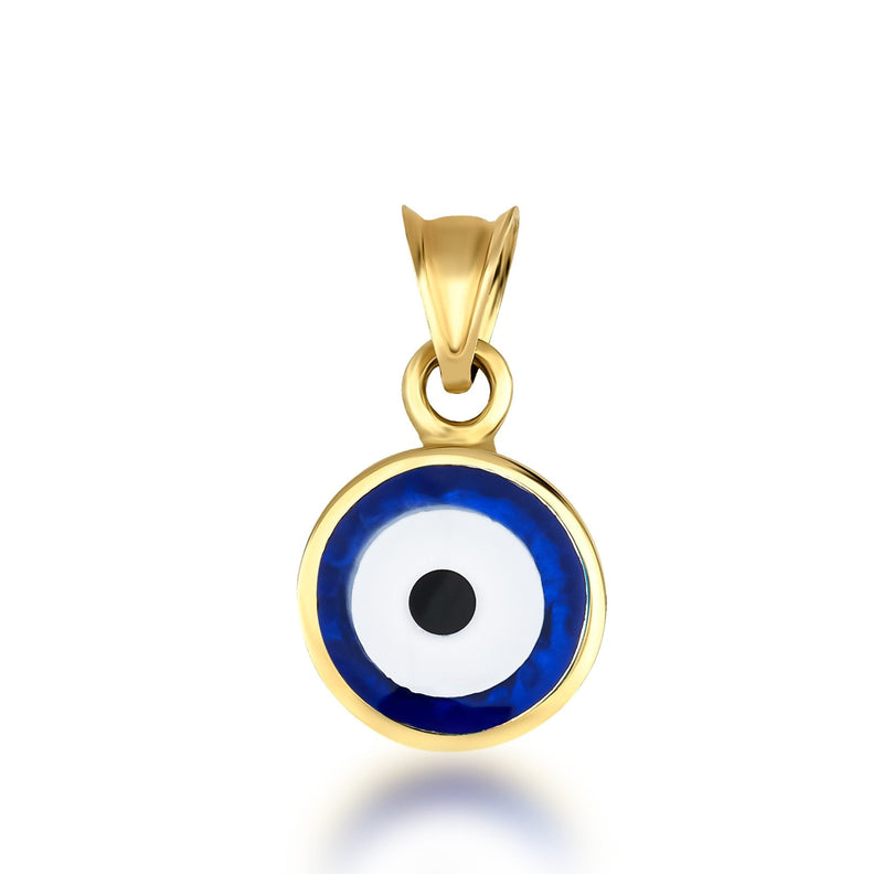 14K Solid Yellow Gold Round Evil Eye Pendant or Necklace