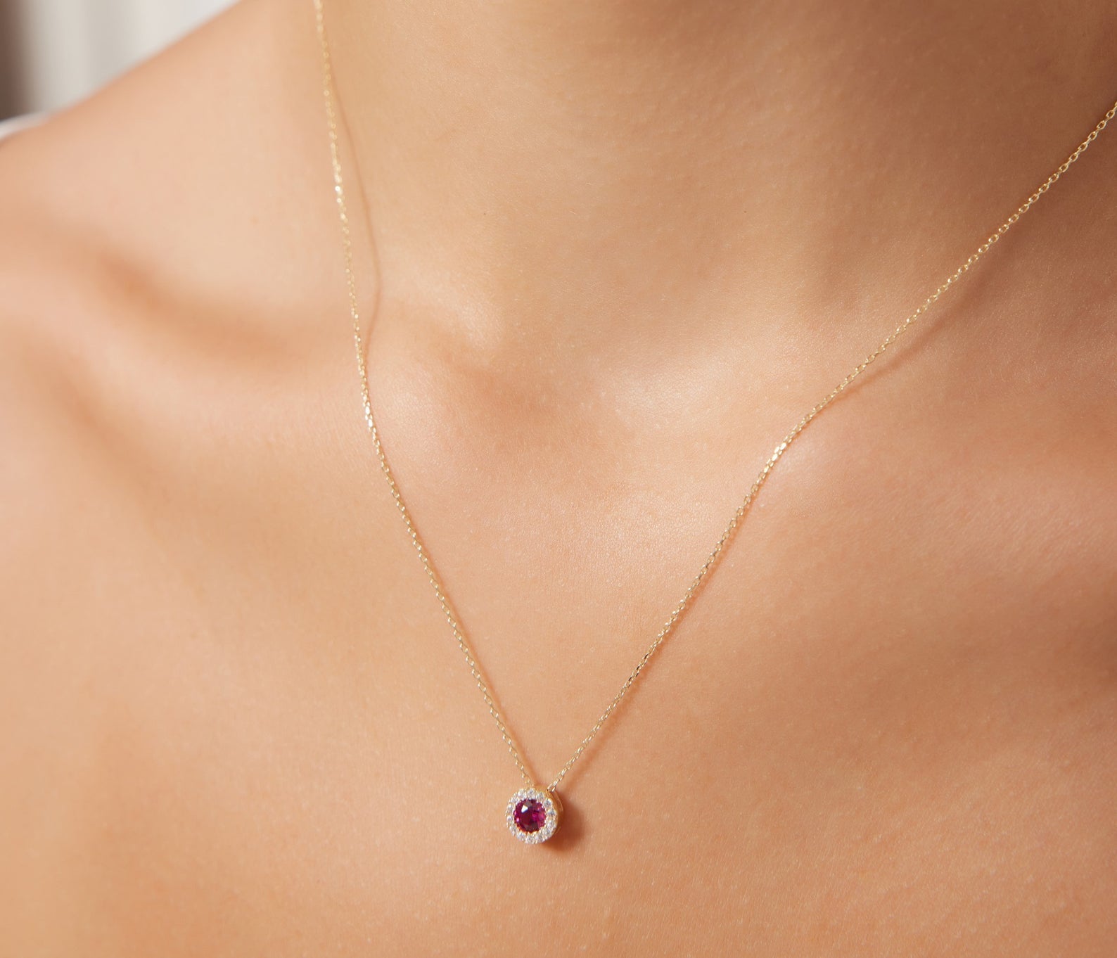 14K solid yellow gold round solitaire ruby necklace with CZ, showcasing elegance and simplicity, perfect for daily wear.