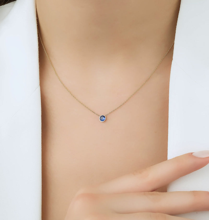 14K Solid Yellow Gold Sapphire Necklace, 0.30 Carat Bezel Set Sapphire Necklace, Dainty Solitaire Sapphire Necklace