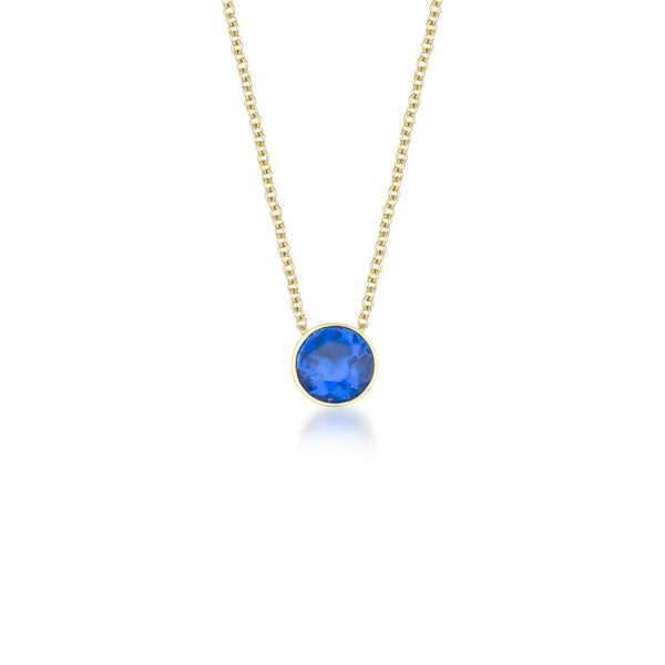 14K Solid Yellow Gold Sapphire Solitaire Necklace, 6mm Bezel Set Sapphire Necklace