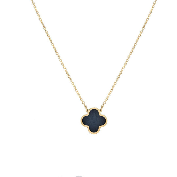 14K Solid Yellow Gold Single Onyx Clover Necklace