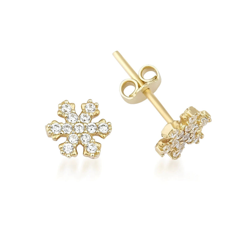 14K Solid Yellow Gold Snowflakes Stud Earrings