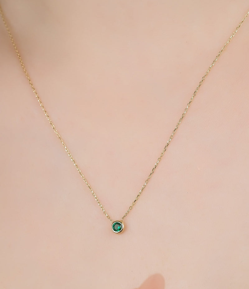 14K Solid Yellow Gold Solitaire Emerald Necklace