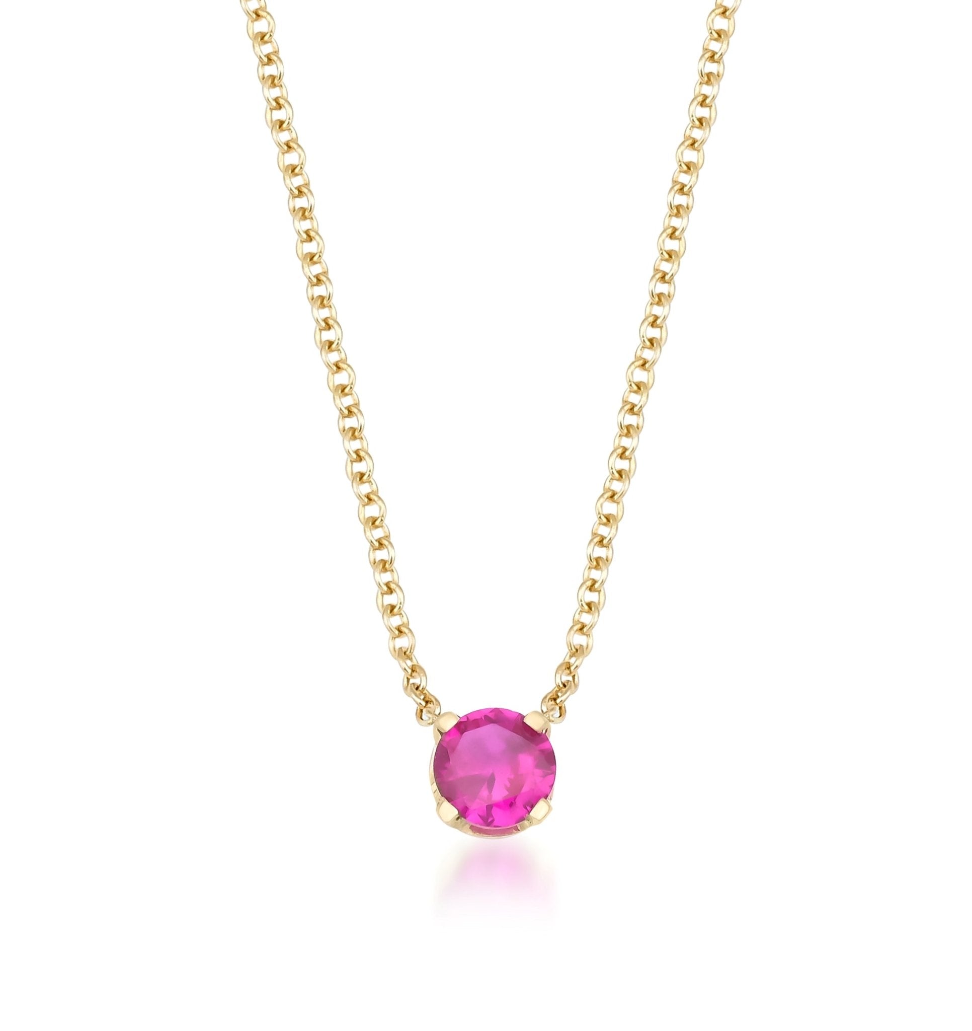 14K yellow gold necklace featuring a 5mm prong set lab-created ruby, minimalist design, perfect for everyday wear.