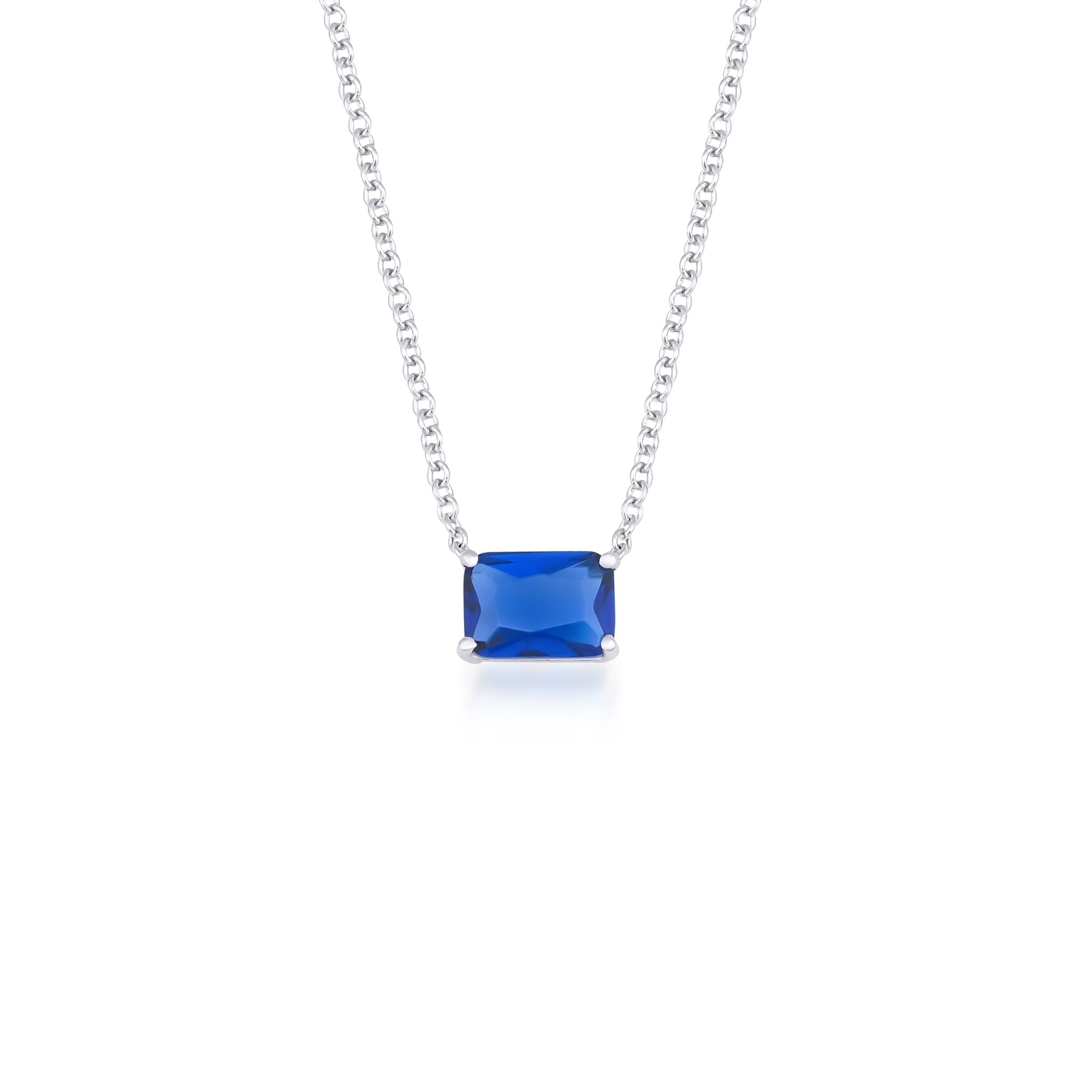 14K solid yellow gold necklace featuring an emerald cut blue sapphire pendant in a prong setting.