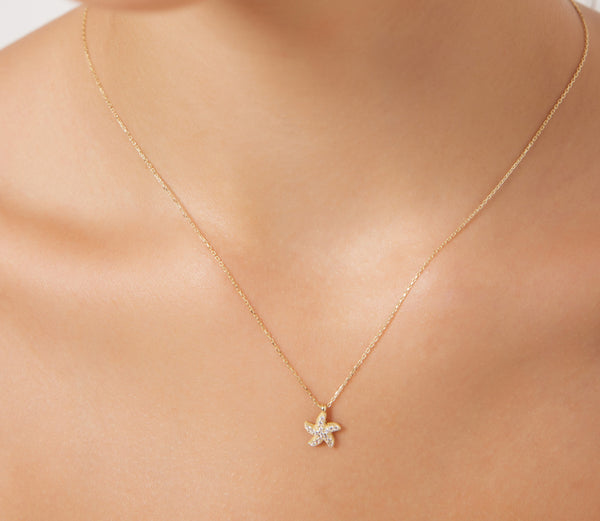 14K Solid Yellow Gold Starfish Necklace, Dainty Starfish Necklace, Minimalist Starfish Necklace