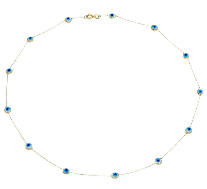 14K Solid Yellow Gold Station Evil Eye Necklace