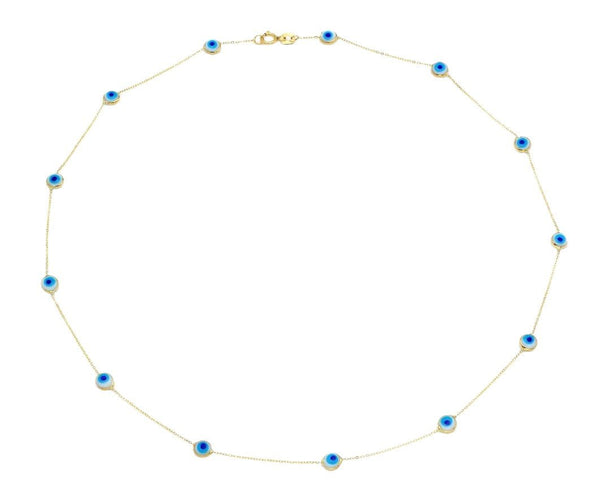 14K Solid Yellow Gold Station Evil Eye Necklace