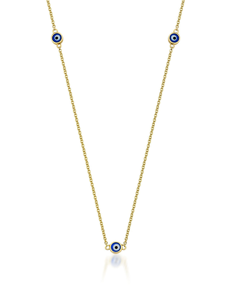 14K Solid Yellow Gold Station Evil Eye Necklace