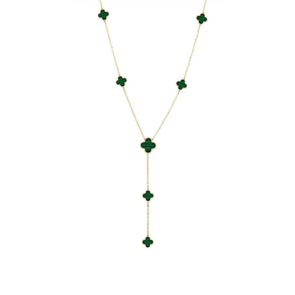 14K Solid Yellow Gold Station Malachite Clover Necklace