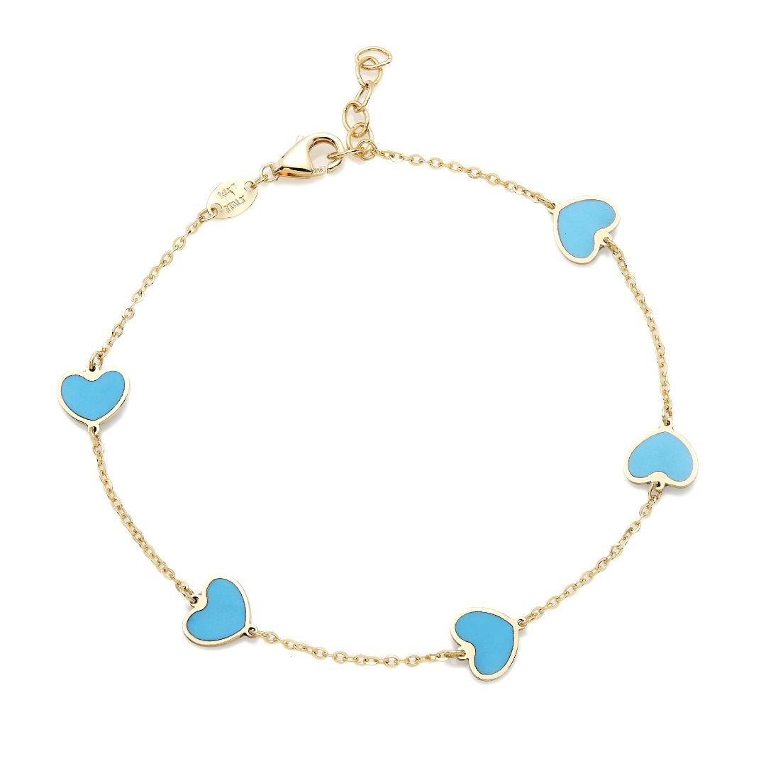 14K yellow gold minimalist turquoise heart bracelet with five turquoise hearts on a delicate chain.
