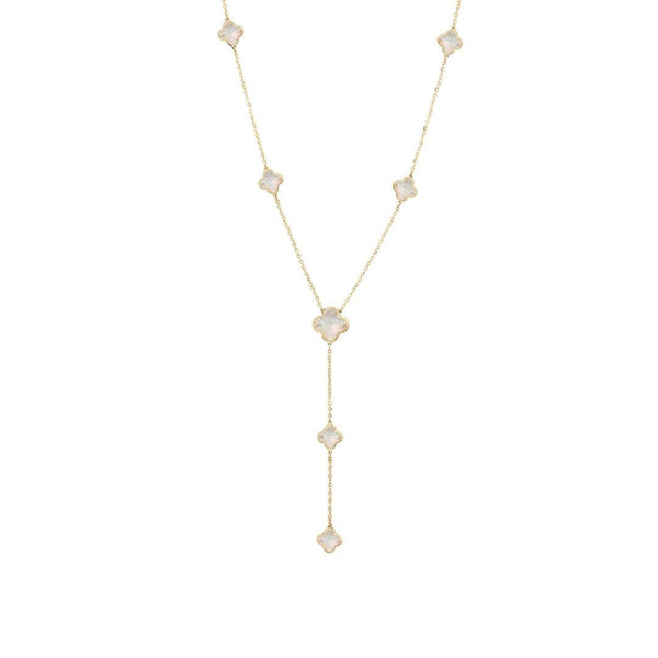 14K Solid Yellow Gold Station Mother of Pearl Clover Necklace