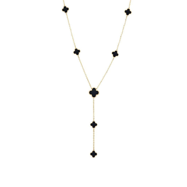 14K Solid Yellow Gold Station Onyx Clover Necklace