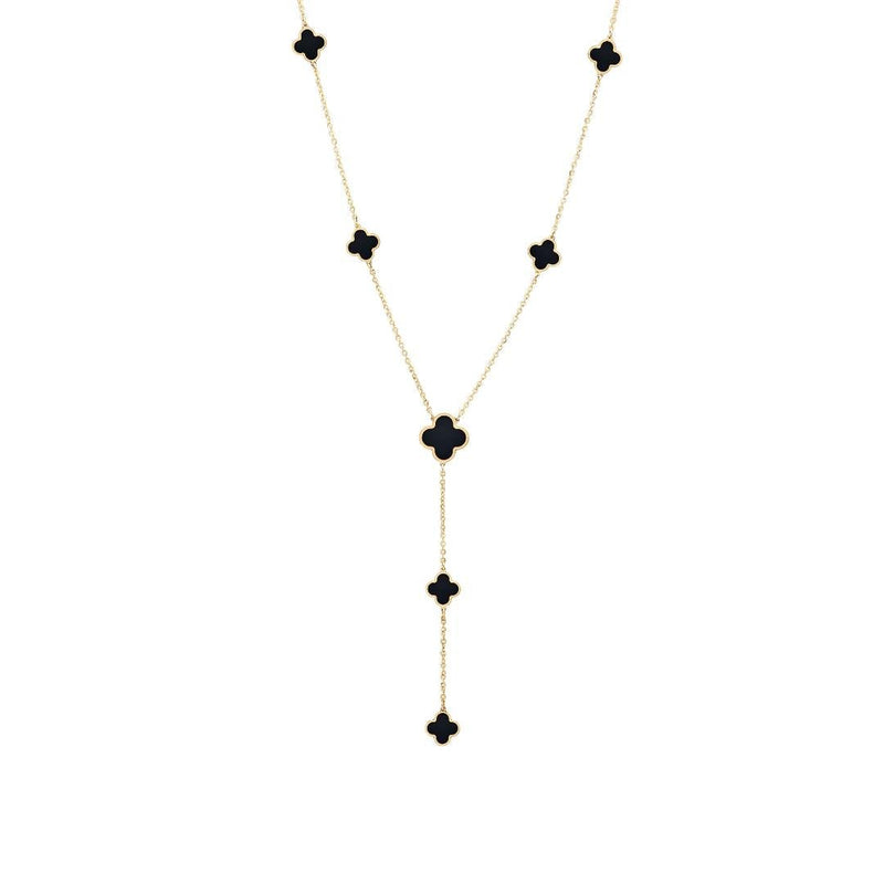 14K Solid Yellow Gold Station Onyx Clover Necklace