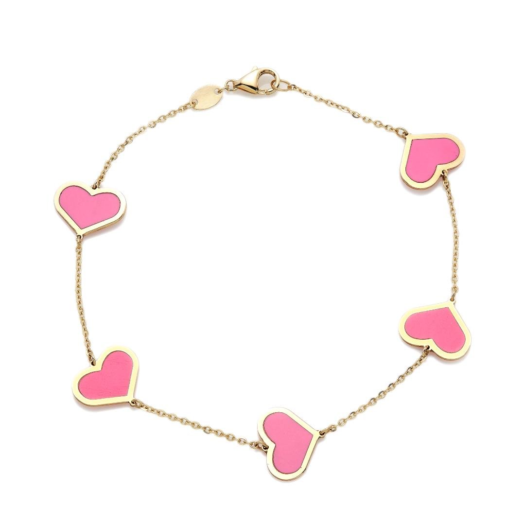 14K solid yellow gold bracelet with five pink heart stations, 7 inches long, elegant gift box included.