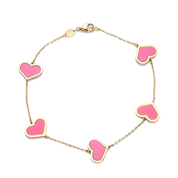 14K Solid Yellow Gold Station Pink Heart Bracelet