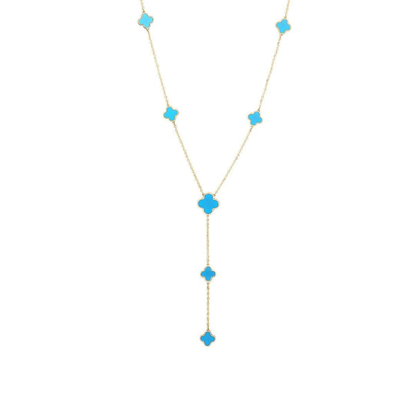 14K Solid Yellow Gold Station Turquoise Clover Necklace