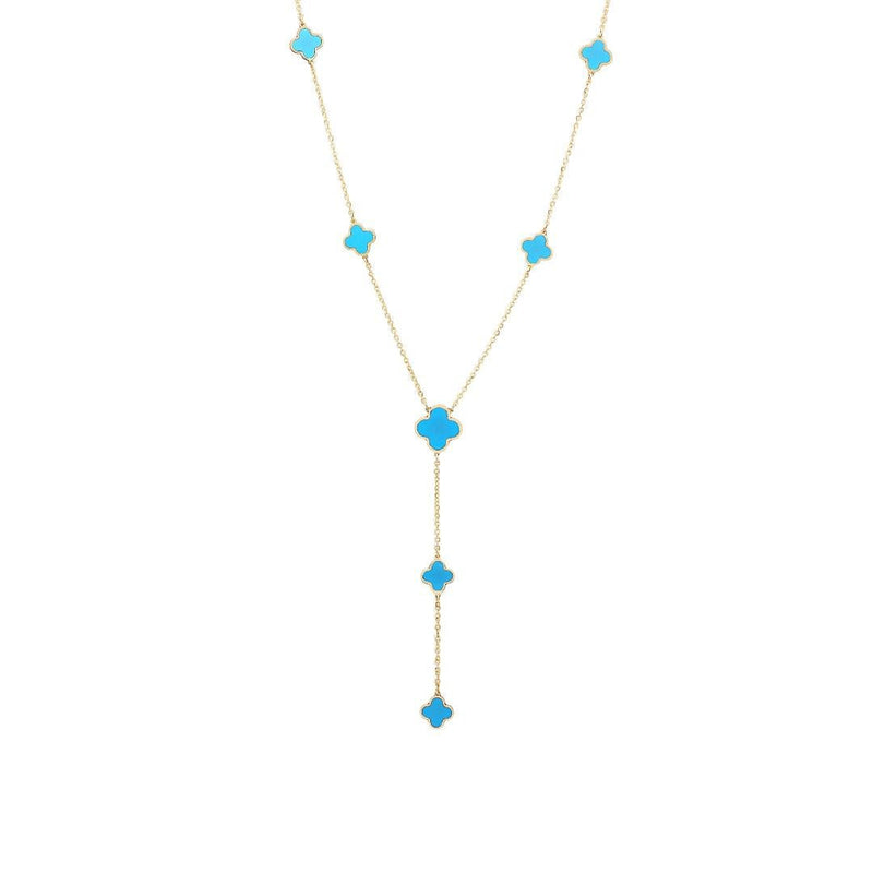 14K Solid Yellow Gold Station Turquoise Clover Necklace