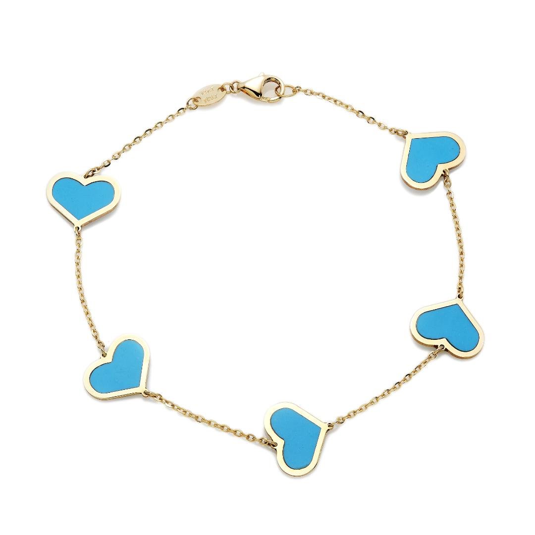 14K solid yellow gold bracelet with turquoise heart stations, perfect gift item, 7-inch length, stunning jewelry accessory.
