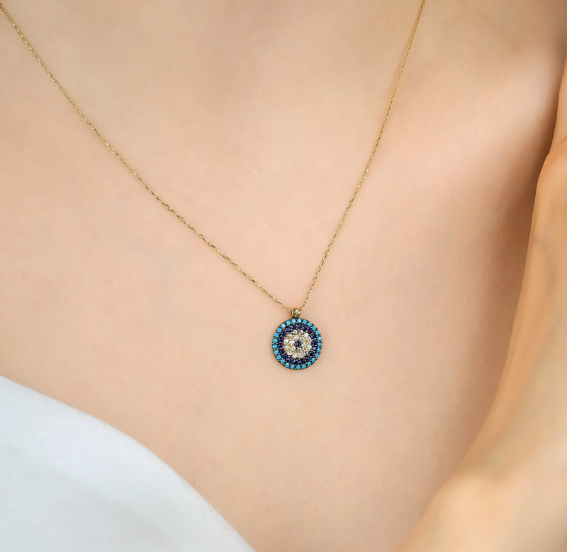 14K Solid Yellow Gold Turquoise Evil Eye Necklace