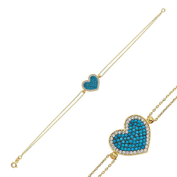 14K Solid Yellow Gold Turquoise Heart Bracelet