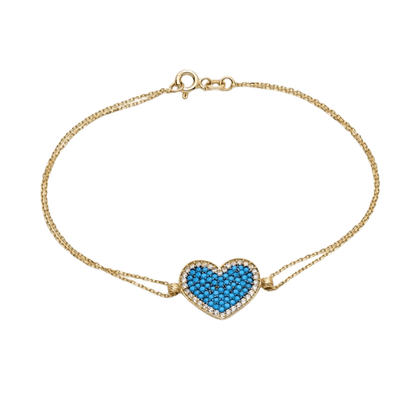 14K Solid Yellow Gold Turquoise Heart Bracelet