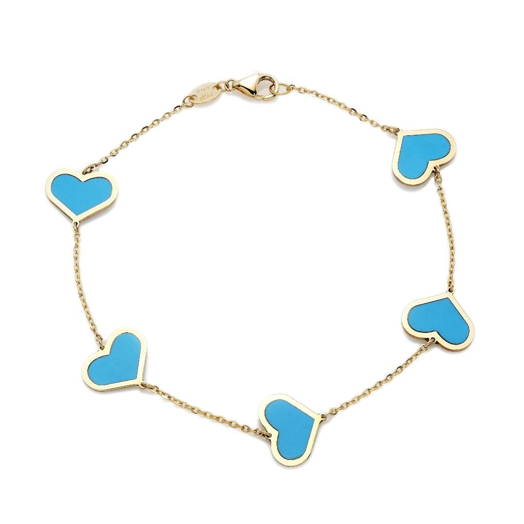 14K solid yellow gold bracelet featuring five turquoise heart stations, 7 inches long, elegant gift box included.