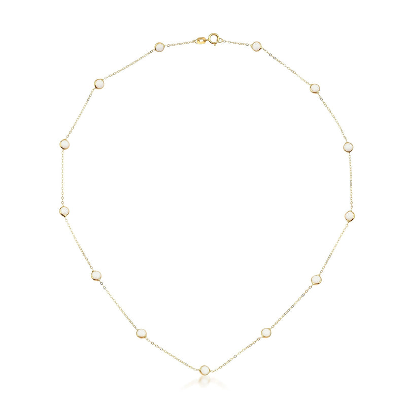 14K Solid Yellow Gold White Beaded Station Moon Stone Necklace
