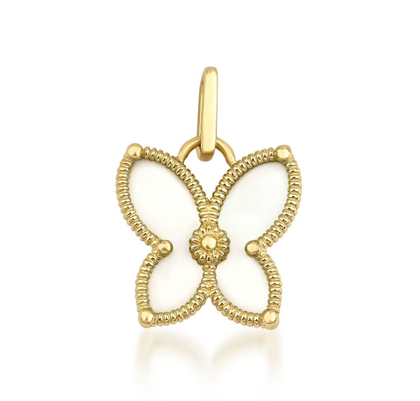 14K Solid Yellow Gold White Enamel Butterfly Necklace