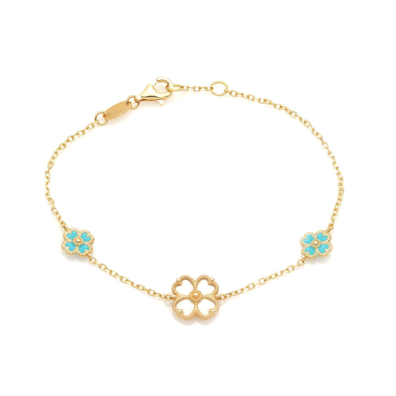 14K Solid Yellow Gold White Turquoise Four Leaf Clover Bracelet
