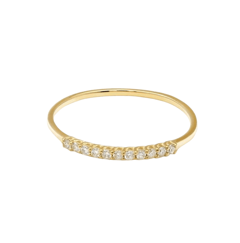 14K gold diamond wedding band featuring 11 round diamonds, minimalist design, shiny finish, size 4-8.