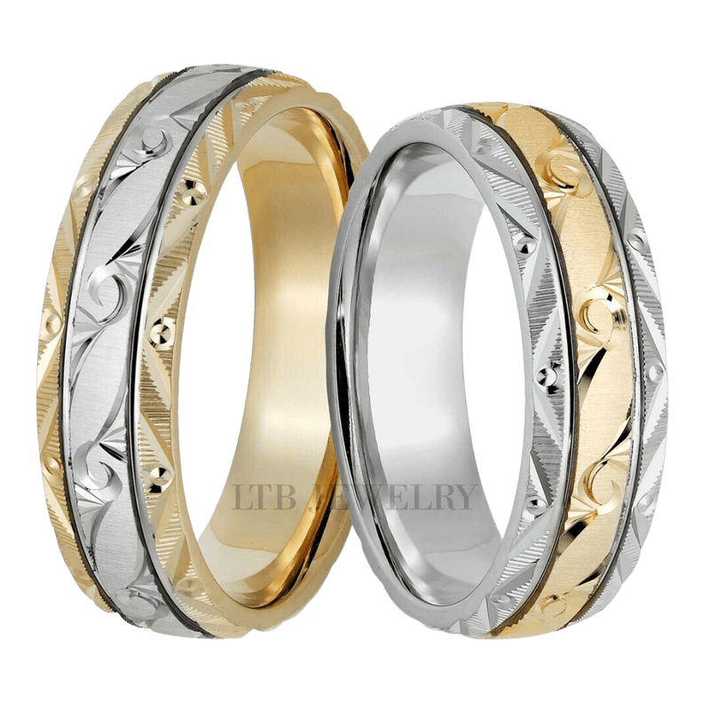 14K Two Tone Gold Hand Engraved His and Hers Wedding Bands