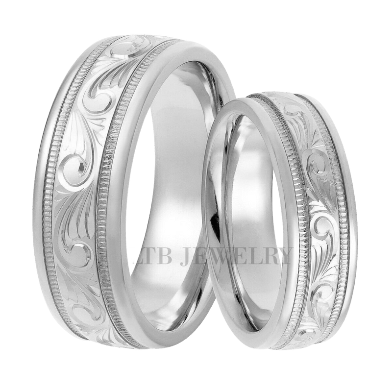 14K Two Tone Gold Hand Engraved Wedding Bands, His and Hers Wedding Rings