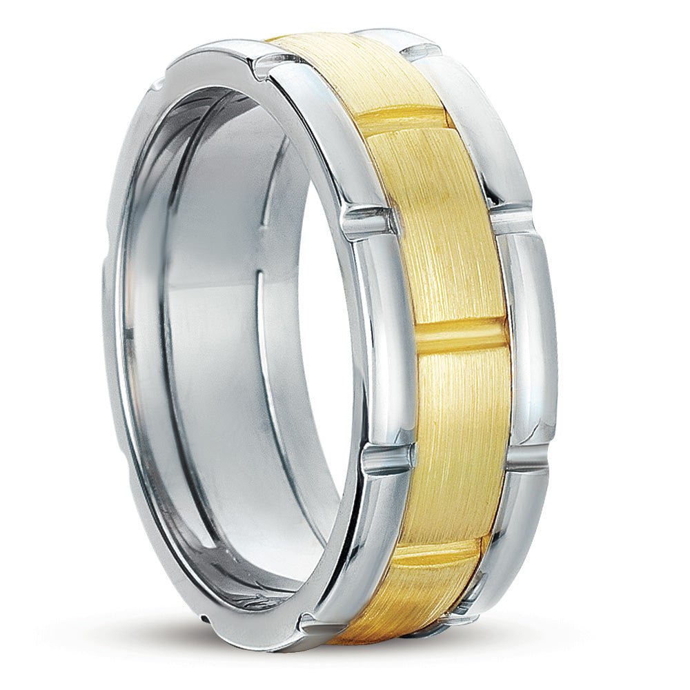 14K two-tone gold handmade men's wedding band with satin yellow gold center and shiny white gold edges, 8mm wide.