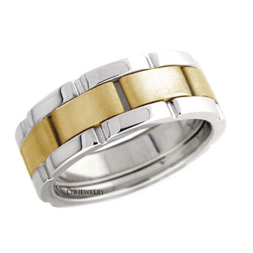 14K two tone gold handmade men's wedding band featuring a satin-finished yellow gold center and shiny white gold edges.