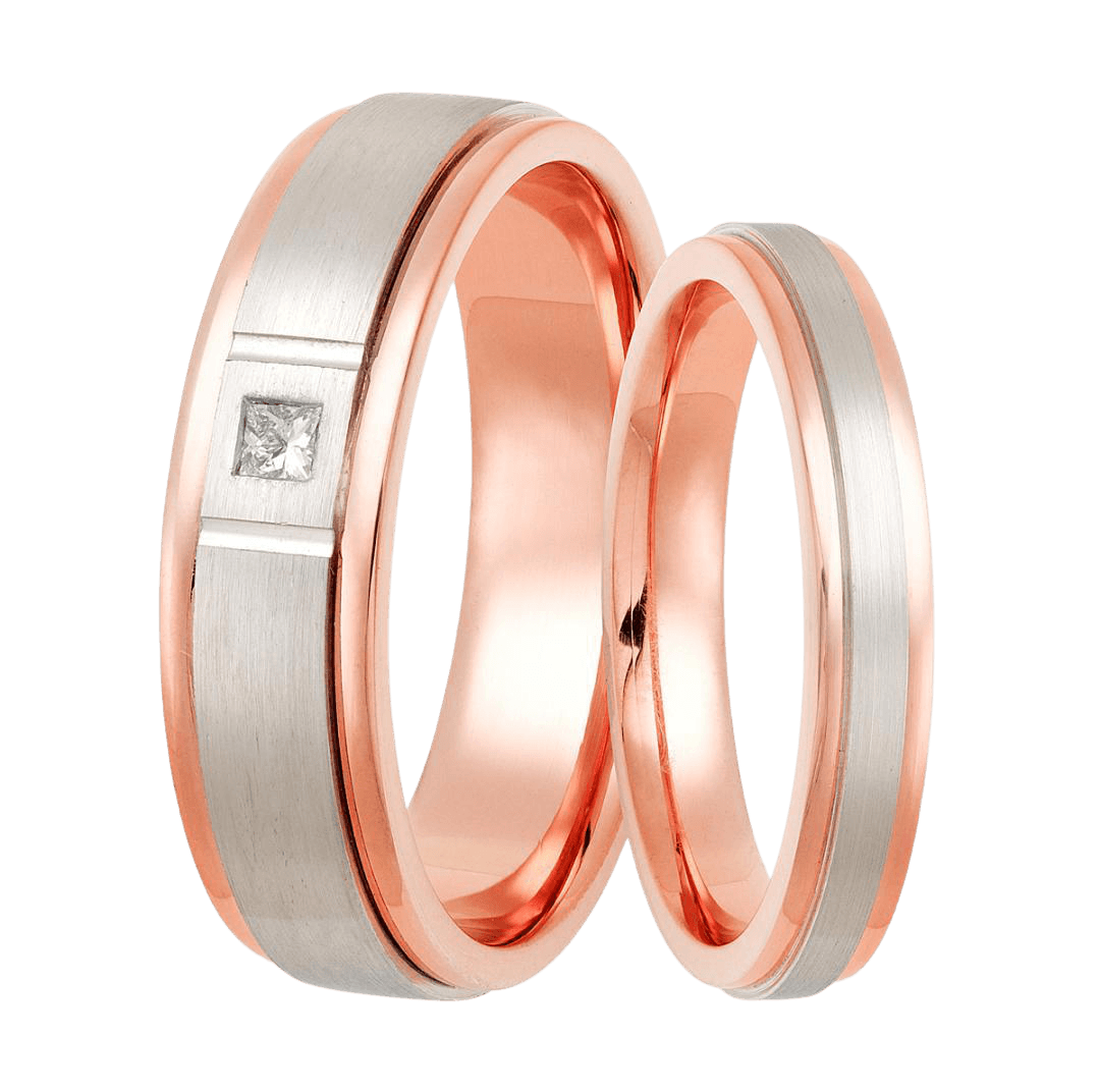 Two tone gold his and hers diamond wedding rings set in white and rose gold with satin finish and princess cut diamond.