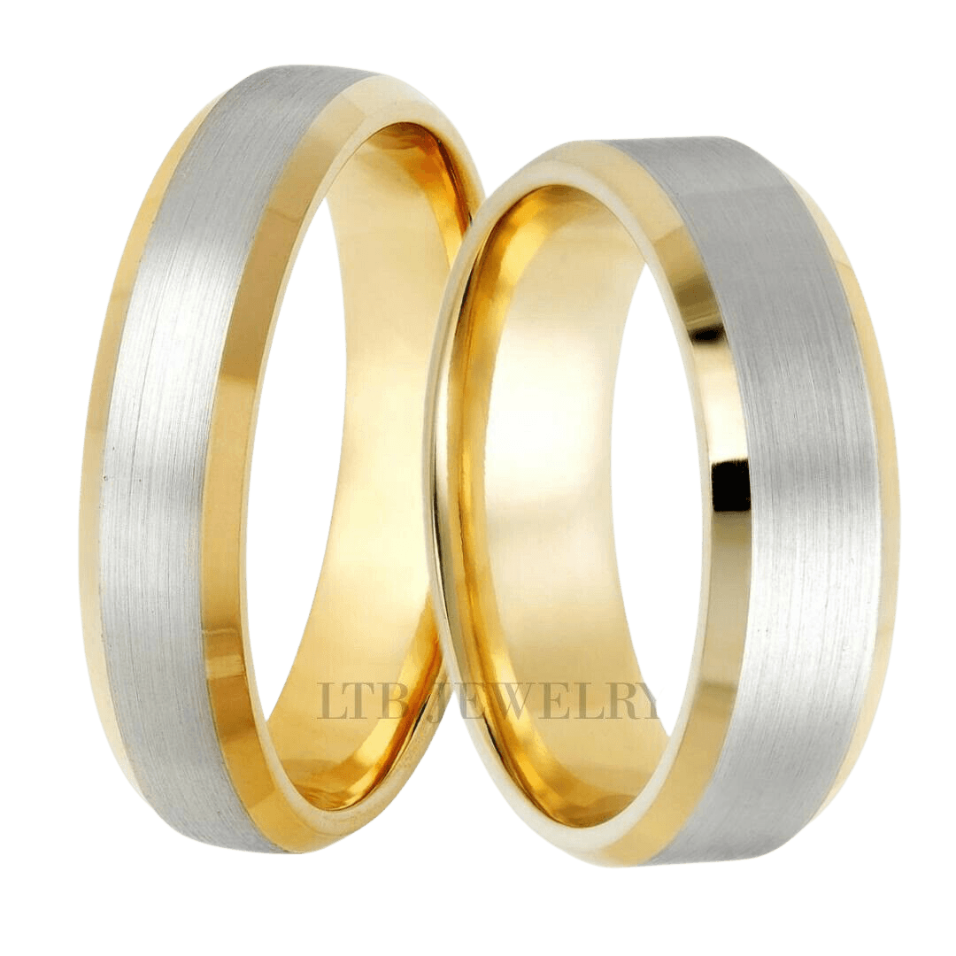 His and Hers two tone gold wedding bands with satin finish and shiny beveled edges, 10K, 14K, 18K gold.