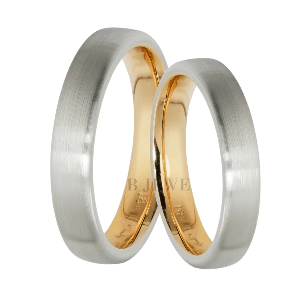 His and hers wedding bands, two-tone gold matching rings set, satin finish, 4mm width, comfort fit.