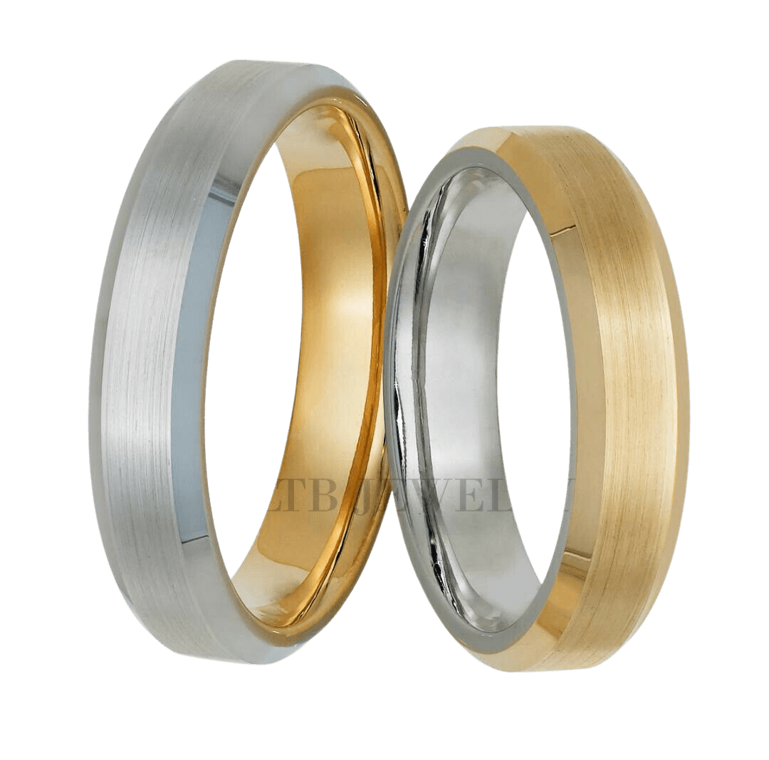 Two tone gold his and hers wedding bands with satin and shiny finishes, comfort fitted rings, 4.5mm width.