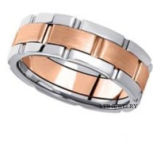 14K white and rose gold handmade men's wedding band, 7mm wide, satin and shiny finish, comfort fitted, made in New York.